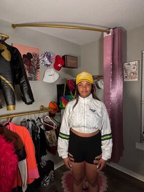 Pony White Cropped Windbreaker Bomber with Green and Yellow Stripes